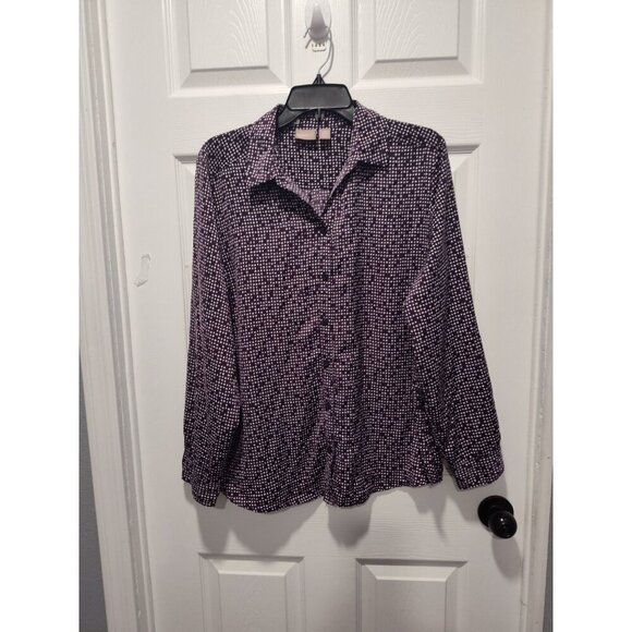 Chicos Size 3 XL/16 Purple White Ditsy Geo Roll Tab LS Buttonup Top Classic EUC - Picture 10 of 11